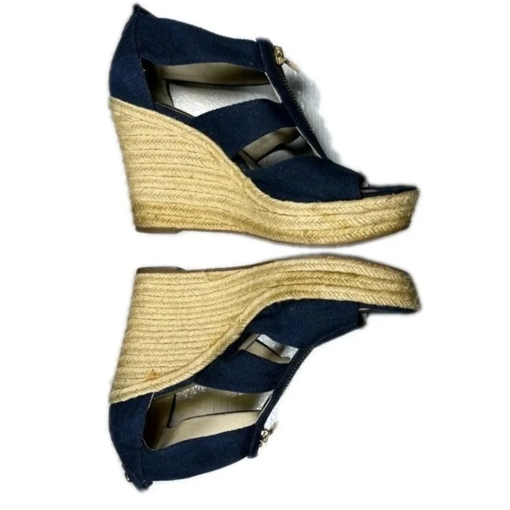 Michael Kors Navy Canvas Espadrille‎ Wedge Sandals Gold Zip Front 6.5M AG12K
